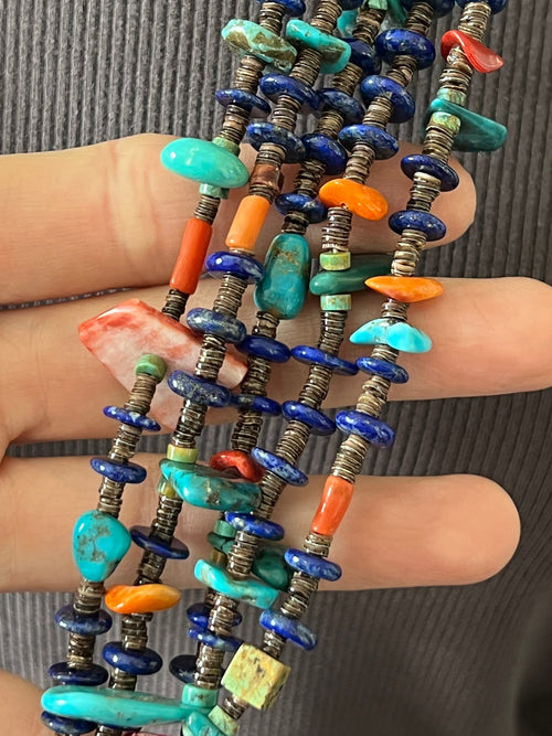 Gorgeous Santo Domingo Made Five Strand Lapis, Spiny Oyster and Turquoise Beaded Squaw Wrap Necklace with Tabs by Daniel Coriz
