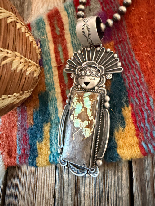 Handcrafted Sterling Silver and Number 8 Turquoise Kachina Pendant by Ronald Tom