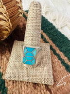Old Pawn Handcrafted Turquoise & Sterling Silver Inlay Ring Size 12.75