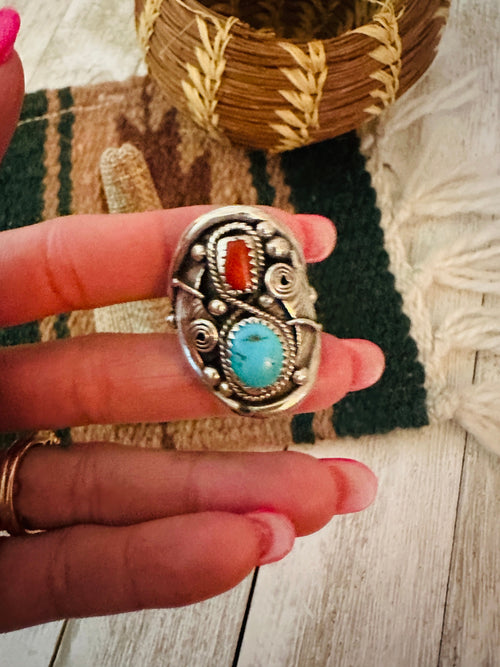 Handcrafted Old Pawn Turquoise, Coral and Sterling Silver Ring Size 9.5