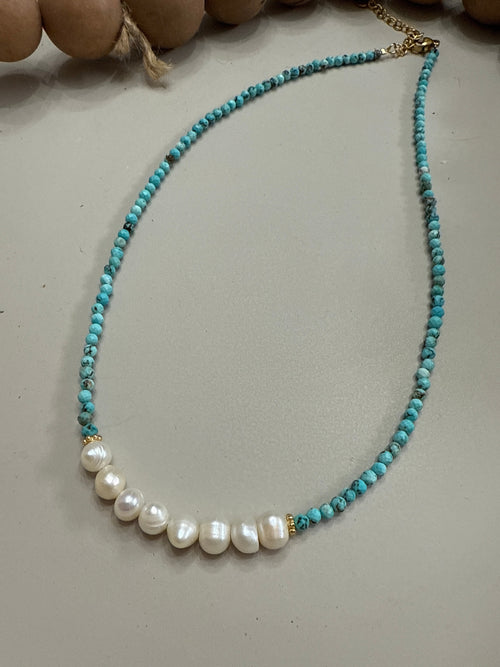 “The Golden Collection” Handmade Turquoise & Pearl Beaded Gold Plated Necklace