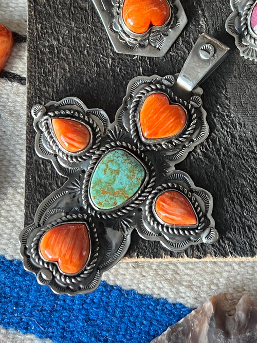 Hand Stamped Sterling Silver, Pilot Mountain Turquoise & Spiny Oyster Cross Pendant by Kimari Somers