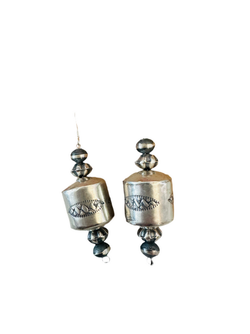 Navajo Hand Stamped Sterling Silver Pearl Dangle Earrings