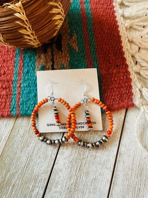 Navajo Orange Spiny & Sterling Silver Pearl Beaded Hoop Earrings