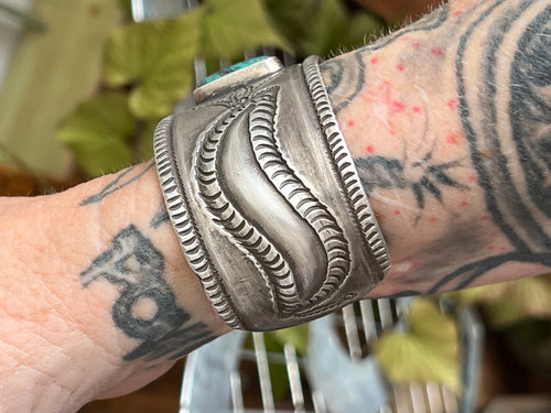 Hand Forged Old Pawn Sterling Silver & Turquoise Ingot Cuff Bracelet by Santa Fe Artist, Buffalo, The Harvest