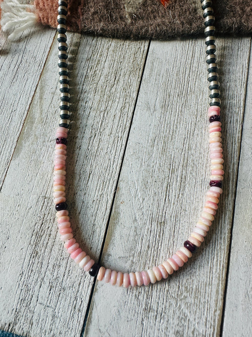 Handcrafted Sterling Silver Pearl, Queen Pink Conch & Spiny Beaded 30” Necklace