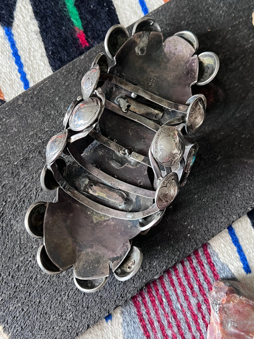 Insane Old Pawn Sterling Silver, Morgan Dollar, Buffalo Nickel and Turquoise Cuff Bracelet by Eric Drake