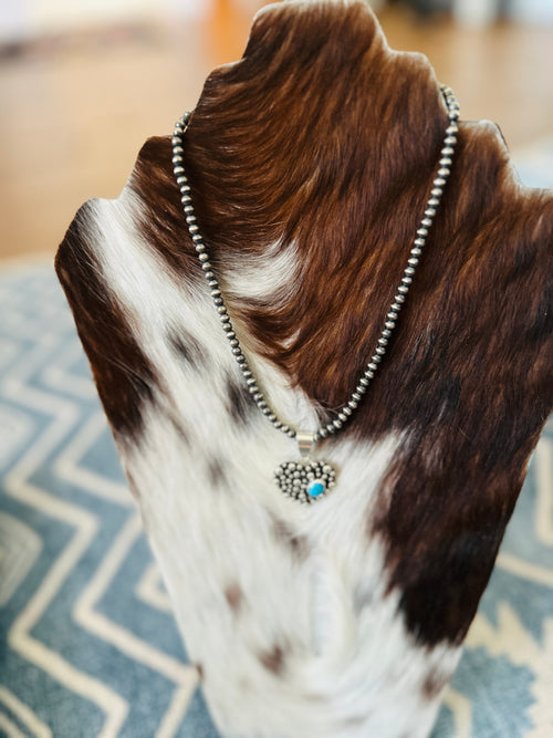 Handcrafted Turquoise & Sterling Silver Pearl Beaded Heart Necklace