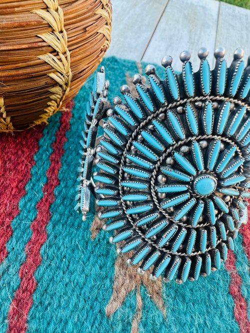 Handcrafted Old Pawn Sterling Silver & Turquoise Needlepoint Cuff Bracelet