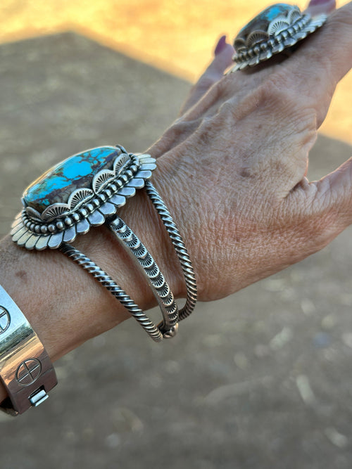 Charles Johnson Navajo Number 8 Turquoise & Sterling Silver Necklace, Bracelet and Ring Set Signed