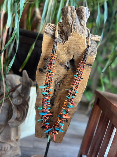 Gorgeous Handcrafted Five Strand Spiny Oyster and Turquoise Beaded Squaw Wrap Necklace with Tabs by Daniel Coriz