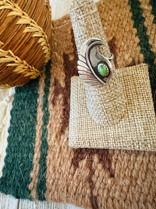 Old Pawn Navajo Sterling Silver & Turquoise Feather Ring Size 7.5