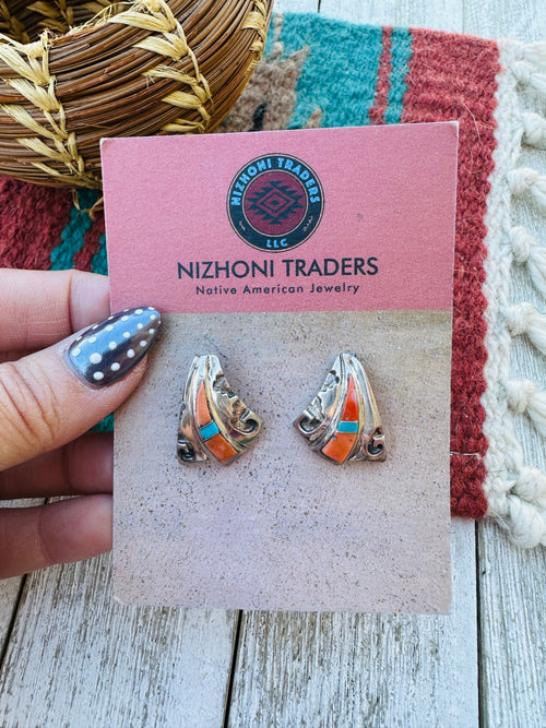 Handcrafted Old Pawn Sterling Silver, Spiny & Turquoise Post Earrings