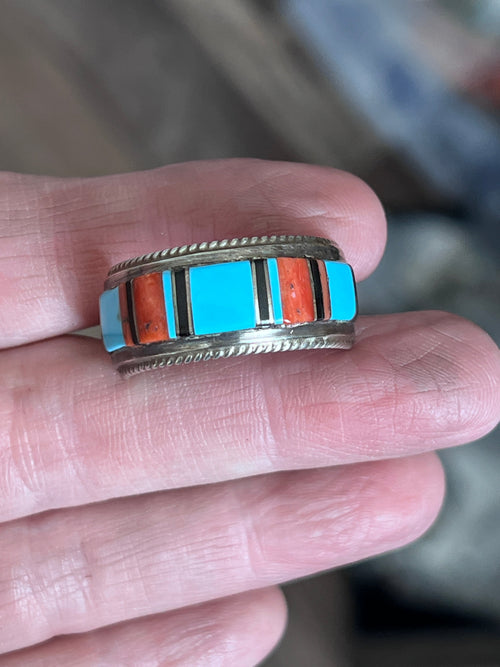 Old Pawn Sterling Silver, Turquoise, Onyx and Coral Raised Channel Inlay Ring by Deidre L Panteah