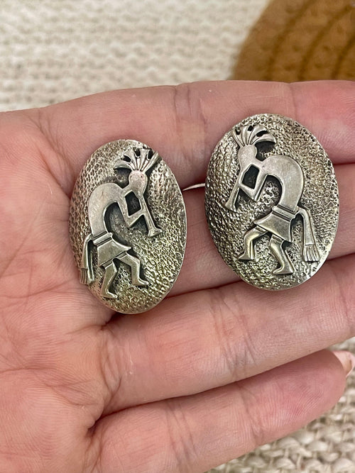 Old Pawn Sterling Silver Cluster Kokopelli Clip On Earrings