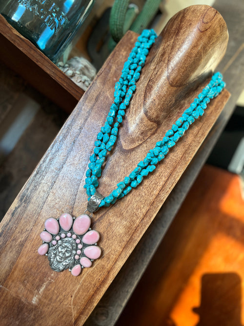 Handcrafted Sterling Silver Pink Conch Chief and Triple Strand Turquoise Nugget Bead Necklace by Patrick Yazzie