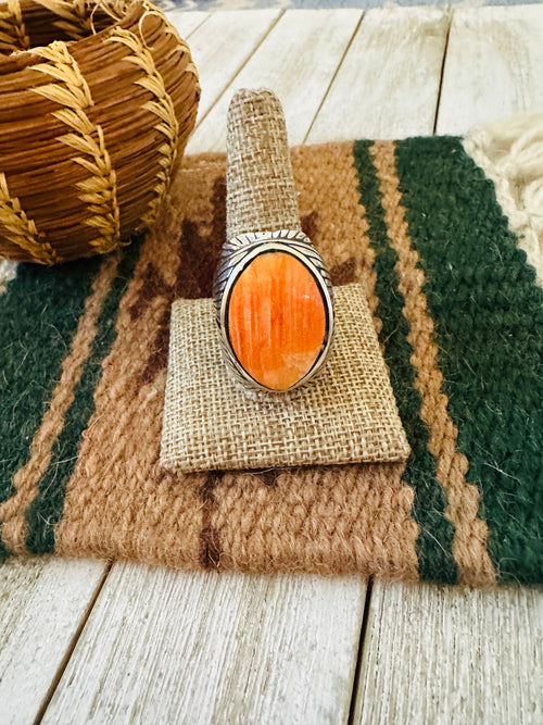 Handcrafted Old Pawn Sterling Silver & Orange Spiny Men’s Ring Size 12