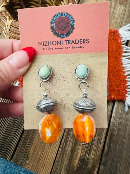 Handcrafted Turquoise, Spiny & Sterling Silver Beaded Dangle Earrings
