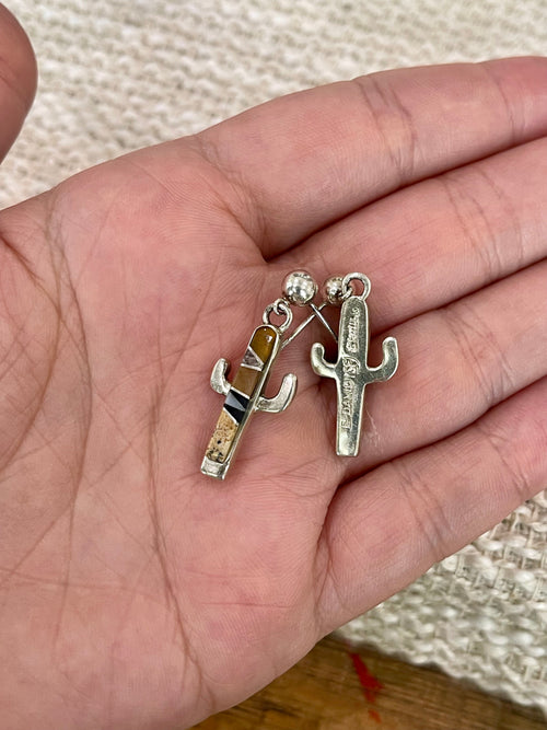 Old Pawn Sterling Silver & Multi Stone Cactus Post Dangle Earrings