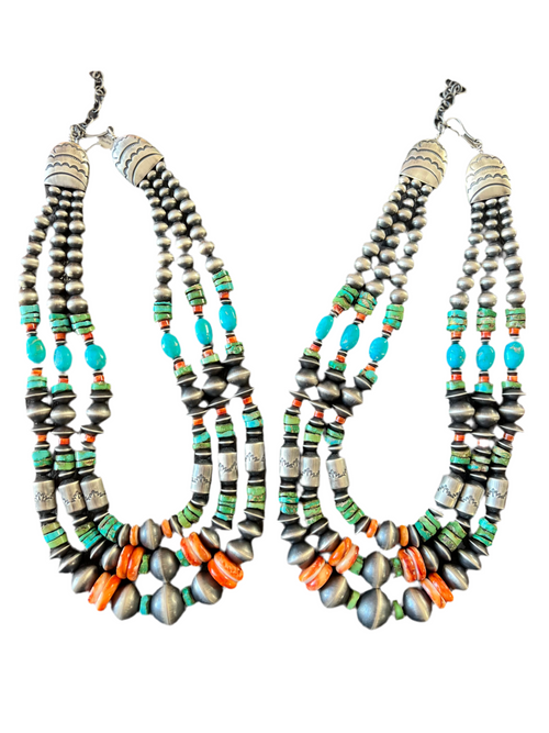 Navajo Handmade Triple Strand Sterling Silver, Spiny Oyster and Sonoran Mountain Bead Necklace by Rose Martin
