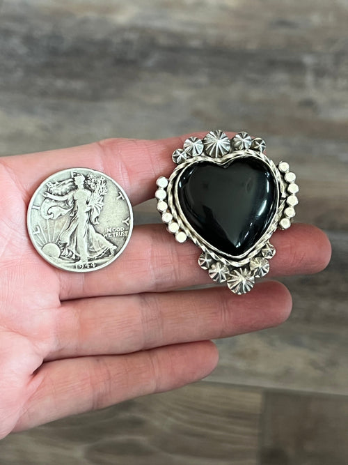 Apache Sterling Silver and Black Onyx Heart Ring by Rosella Paxson, Size 9.5