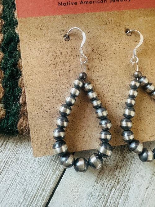Navajo Sterling Silver Pearl Beaded Dangle Hoop Earrings