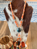 Handcrafted Orange Spiny Oyster, Turquoise & Sterling Silver Beaded Jacla Necklace