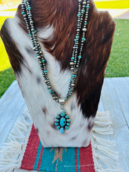 Handcrafted Sterling Silver Pearl and Turquoise Beaded Necklace by Sheila Becenti