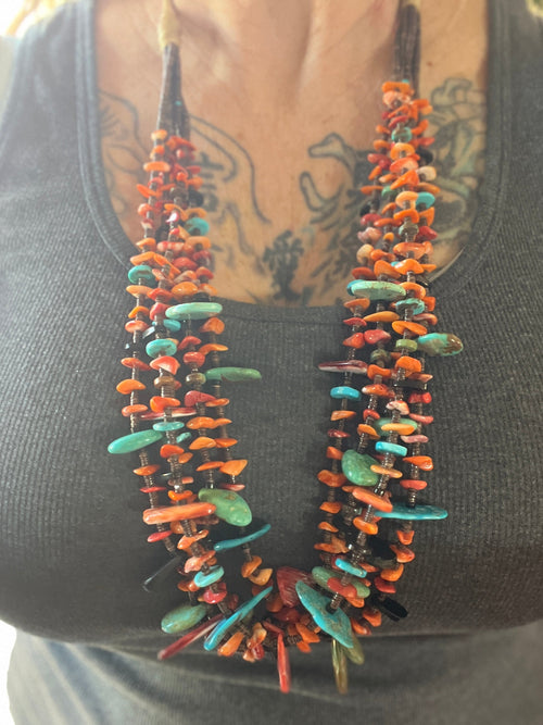 Gorgeous Handcrafted Five Strand Spiny Oyster and Turquoise Beaded Squaw Wrap Necklace with Tabs by Daniel Coriz