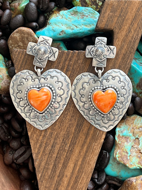 Apache Sterling Silver and Orange Spiny Oyster Shell Hand Stamped Heart Earrings by Rosella Paxson