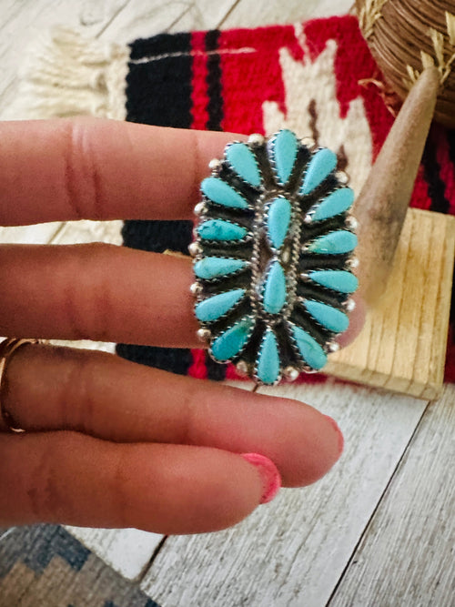 Old Pawn Navajo Sterling Silver & Turquoise Cluster Ring Size 7.5