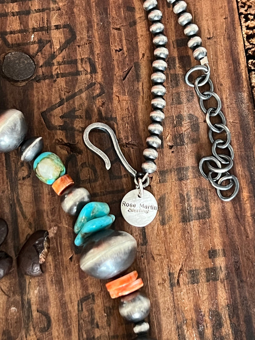 Handcrafted Sterling Silver, Kingman Turquoise and Spiny Oyster Shell Handcrafted Electric Rainbow Beaded Necklace by Rose Martin, 26 + 1 inch