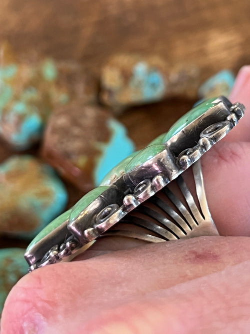 Old Pawn Verdy Jake Sterling Silver and Green Turquoise Cluster Ring, Adjustable