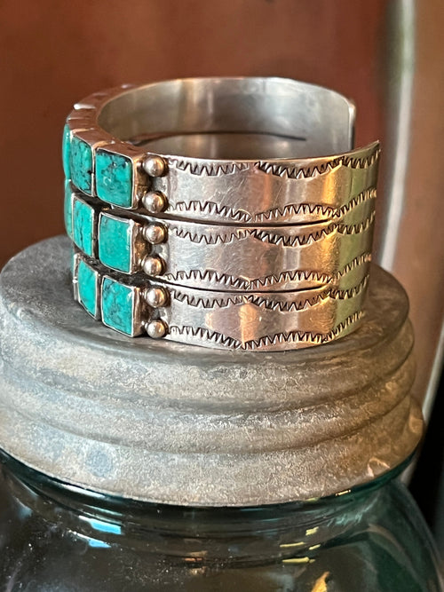 Handcrafted Vintage Sterling Silver and Turquoise Triple Row Square Stone Cuff /