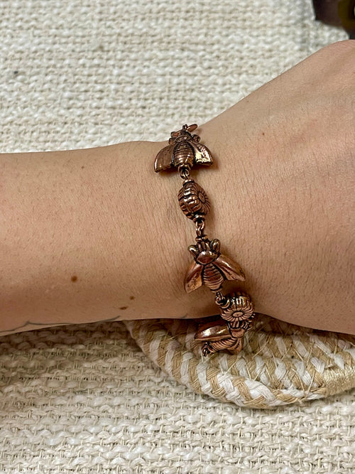 Vintage Handmade Copper Flower & Bee Link Bracelet