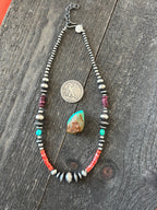 Navajo Electric Rainbow Sterling Silver, Turquoise and Spiny Oyster Single Strand Beaded Necklace by Rose Martin, 18 + 2 Inches