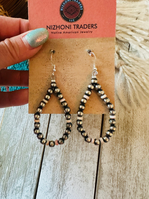 Handcrafted Queen Pink Conch & Sterling Silver Pearl Beaded Hoop Earrings