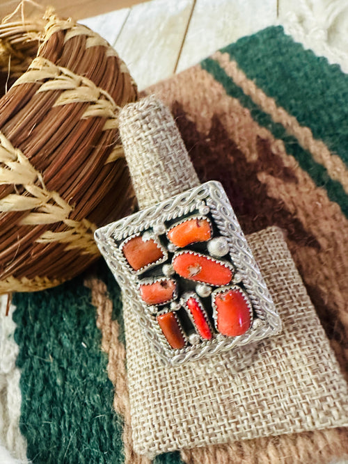 Handcrafted Old Pawn Coral and Sterling Silver Ring Size 11