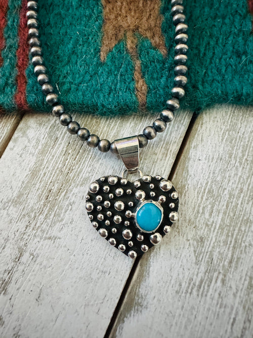 Handcrafted Turquoise & Sterling Silver Pearl Beaded Heart Necklace