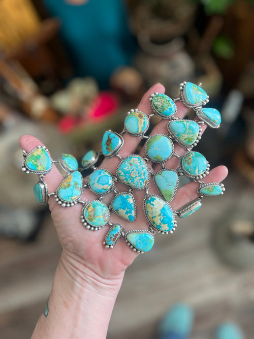 Intricate Handcrafted Sterling Silver and Sonoran Mountain Turquoise Bib Style Necklace with Earrings, Signed T. Smith