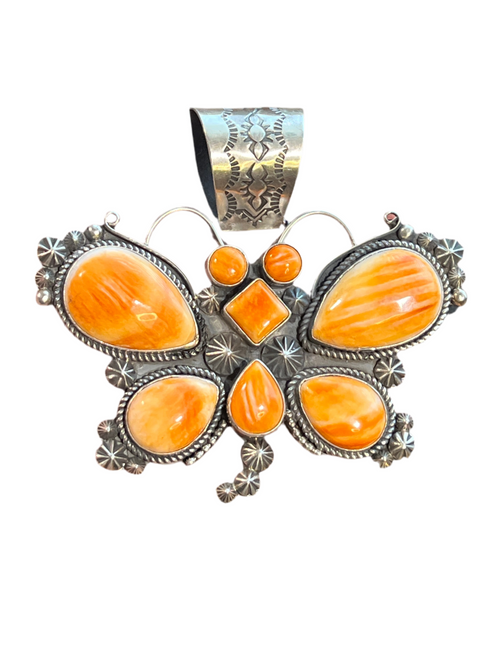 Apache Sterling Silver and Orange Spiny Oyster Shell Butterfly Pendant by Rosella Paxson