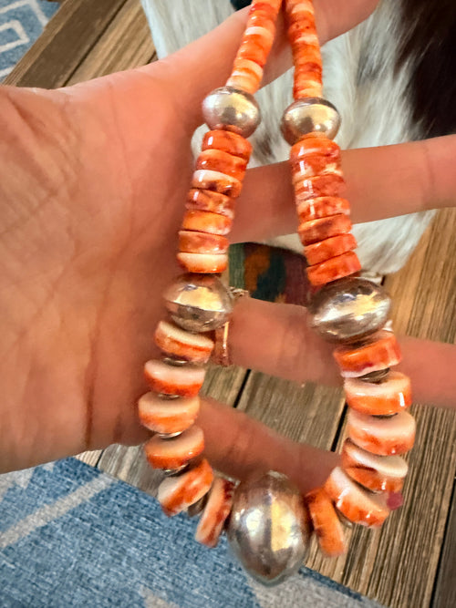 Handcrafted Orange Spiny Oyster, Turquoise & Sterling Silver Beaded Jacla Necklace