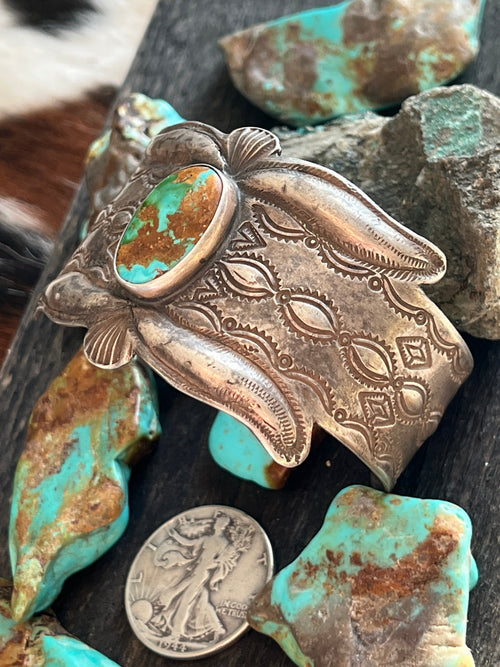 Handcrafted & Hand Forged Old Pawn Sterling Silver Ingot Turquoise Cuff Bracelet by Santa Fe Artist, Buffalo: The Royston