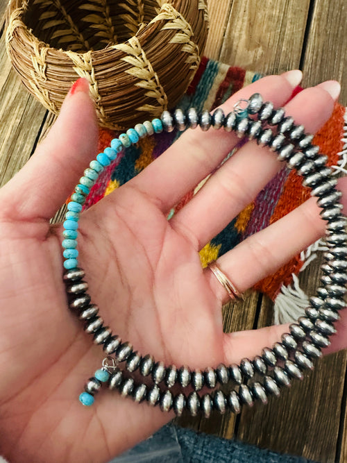 Handcrafted Turquoise & Sterling Silver Beaded Wrap Choker Necklace