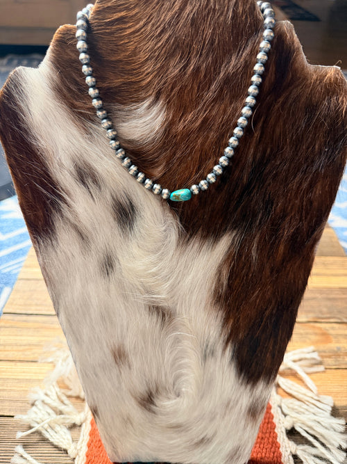 Handcrafted Turquoise & 6mm Sterling Silver Pearl 14" Beaded Necklace