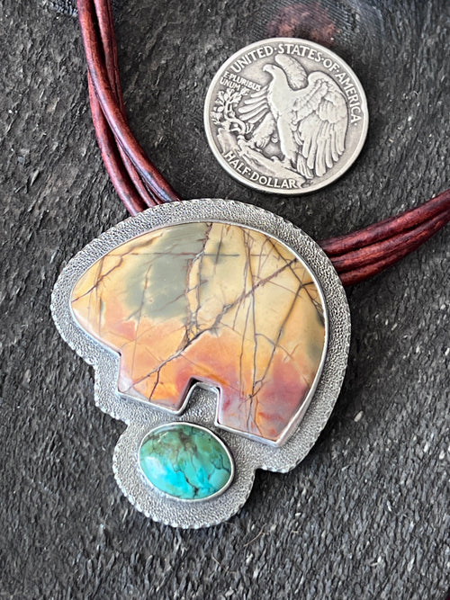Tularosa Sterling Silver and Leather Red Creek Jasper Bear Necklace