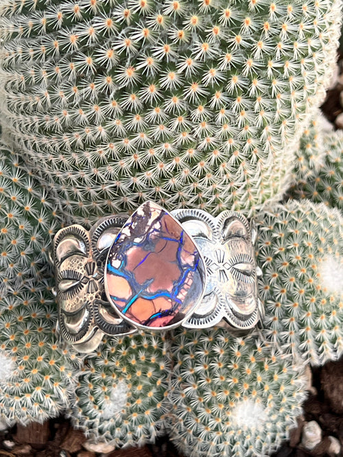 Hand Forged Artisan Sterling Silver & Boulder Opal Cuff Bracelet by Mahkato Silver
