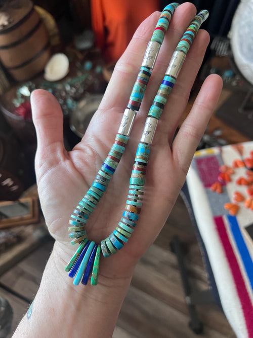 Ronald Chavez Handcrafted Sterling Silver & Multistone Heishi Beaded Santo Domingo Necklace with Tabs