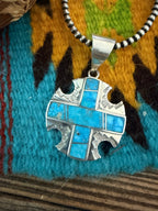 Old Pawn Handcrafted Inlay Turquoise & Sterling Silver Cross Pendant
