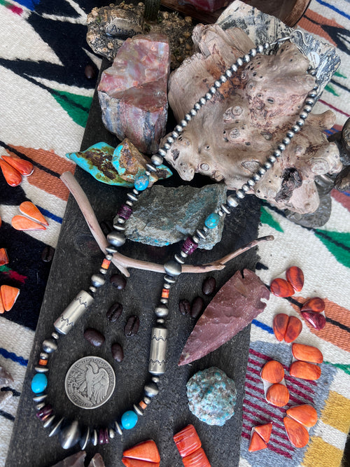 Rose Martin Electric Rainbow Sterling Silver, Turquoise and Spiny Oyster Single Strand Beaded Necklace, 24 + 1-1/2 inches